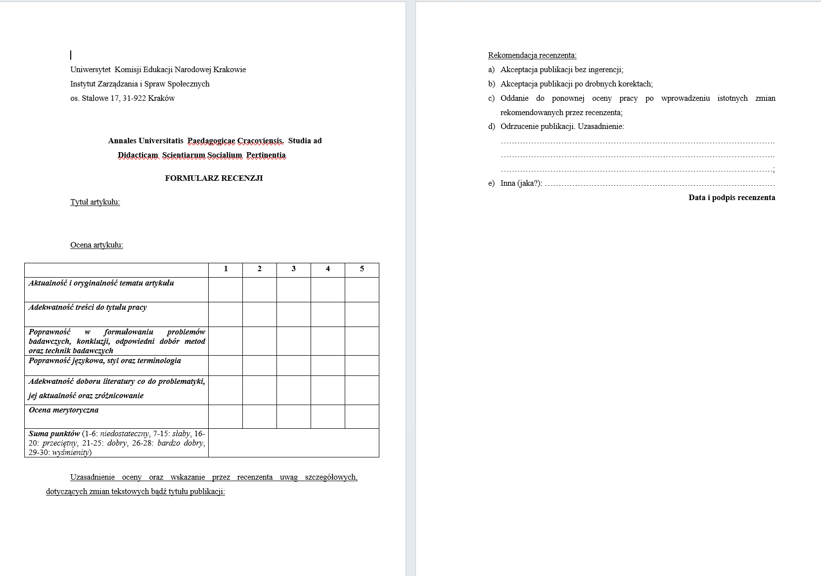 Formularz recenzji